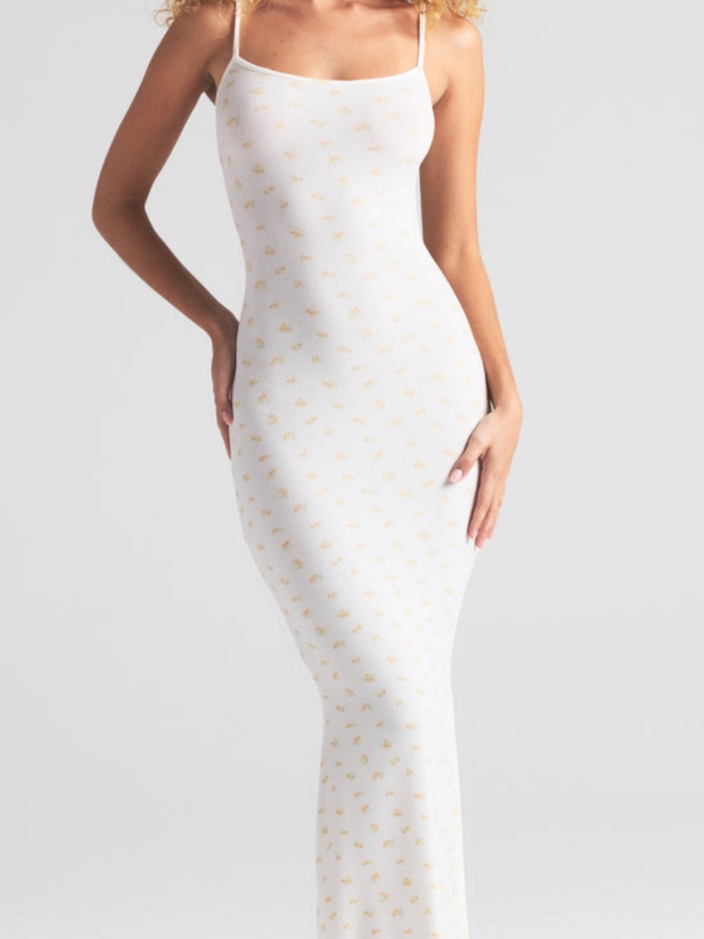 SKIMS White Maxi Slip Dress with Gold Floral Accent